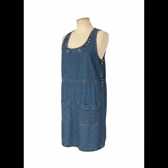 Premier 100% Cotton Denim Jumper Dress with Embroidered Neckline – Size M - Picture 1 of 6